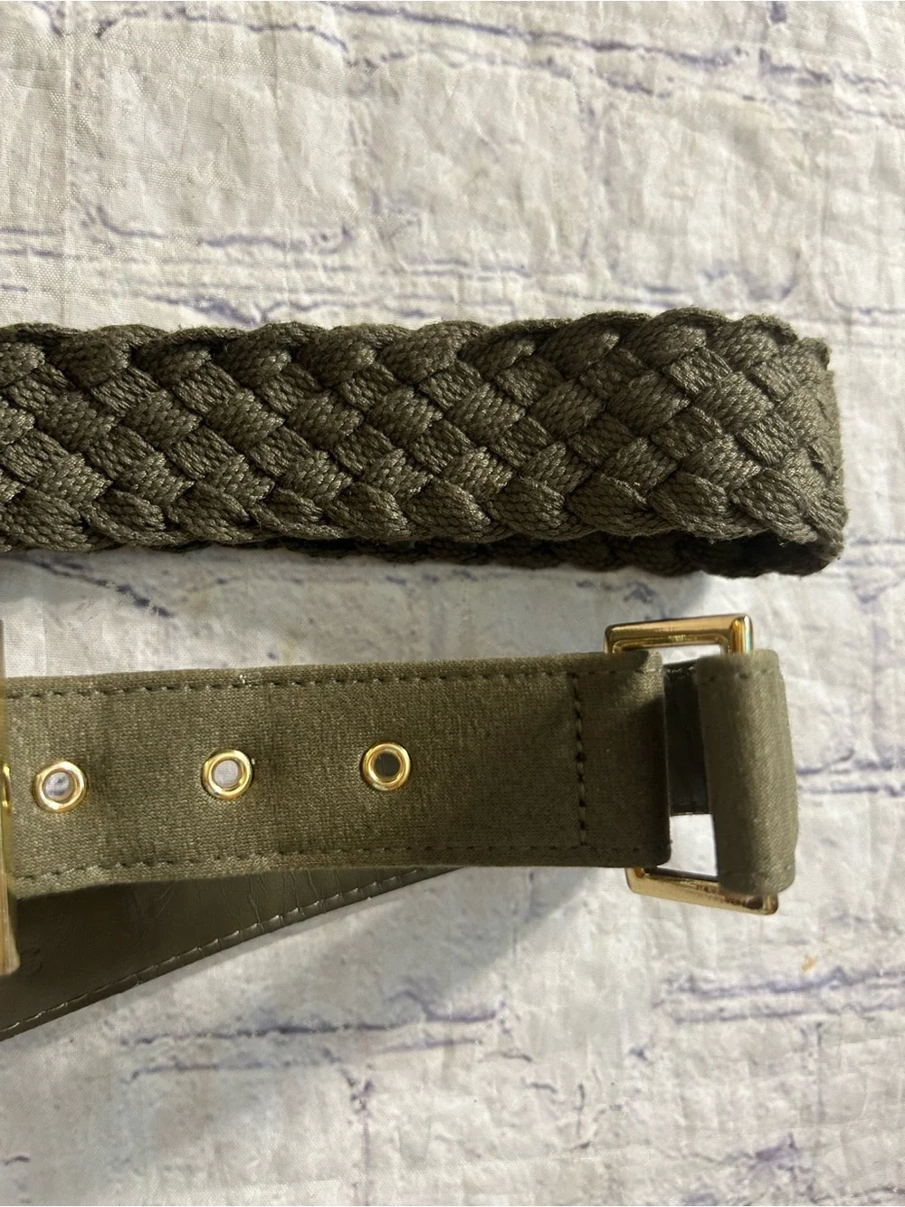 OLIVE GREEN WOVEN AND OLIVE GREEN WITH GOLD TONE HARDWARE (2) BELTS